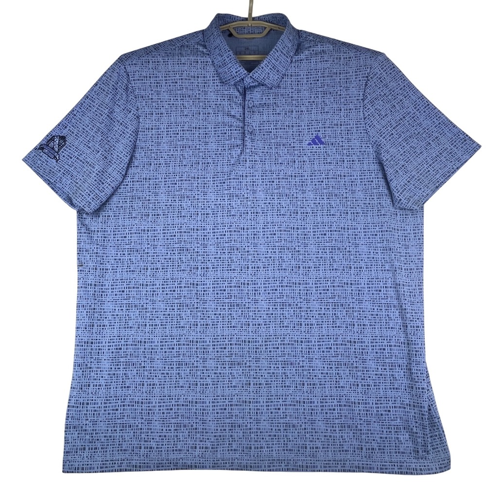 Adidas Golf Polo Shirt Mens 2XL Blue Geometric Dash PLCC Logo Stretch Short Slv